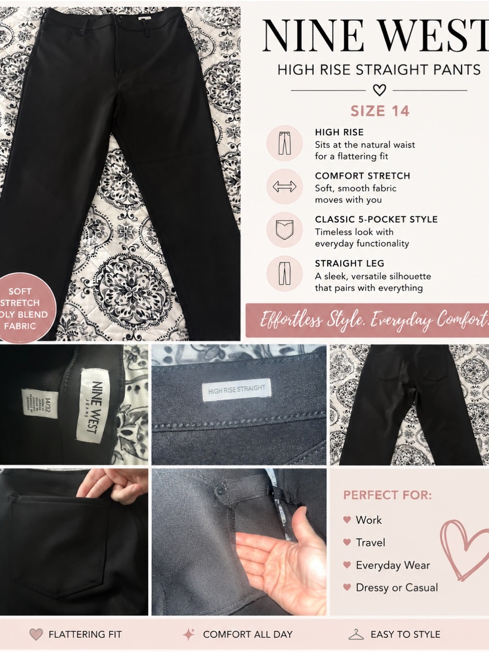 Nine West Black High-Rise Straight Girls' Pants